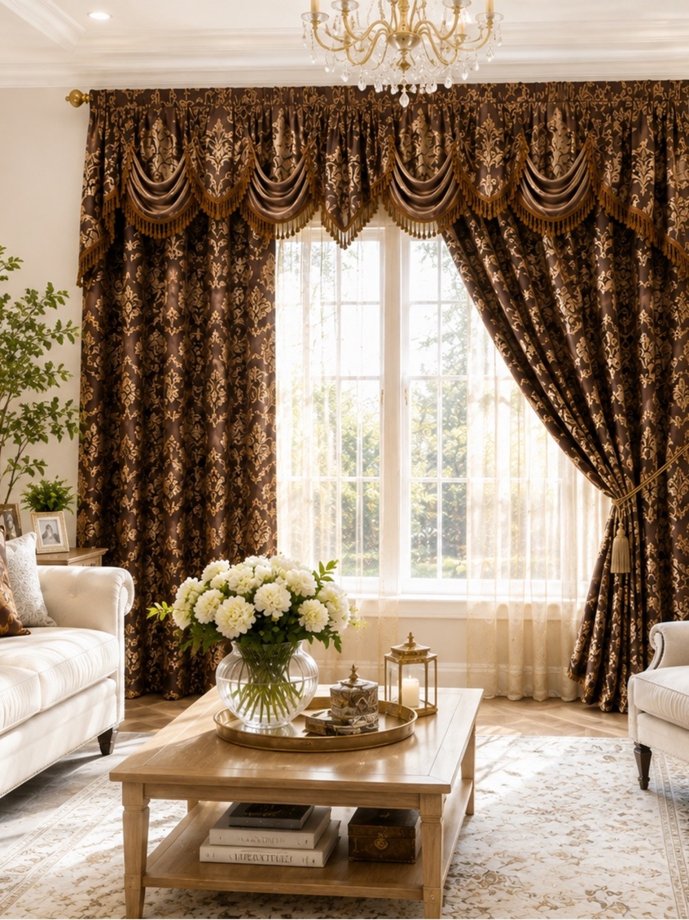 Elegant Brown Damask 4 piece Window Curtains